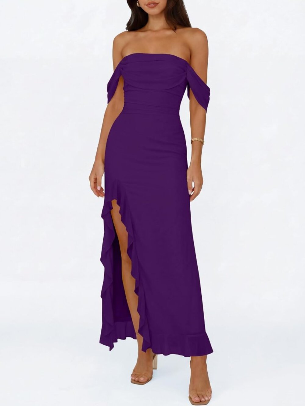 Women's Purple Off Shoulder Bodycon Backless Sleeveless Wedding Guest Maxi Dress